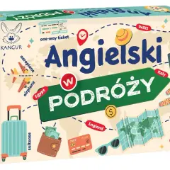 Gra "Angielski w podróży" z motywami lotniczymi, walizką, paszportem i mapą świata. Idealna do nauki języka podczas wakacji.