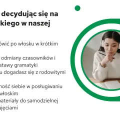 Dziewczyna w słuchawkach uczy się języka włoskiego. Zdobędziesz pewność siebie i dogadasz się z Włochami.