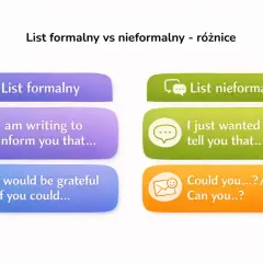 Porównanie zwrotów email angielski: formalne "I am writing to inform you" vs. nieformalne "I just wanted to tell you".