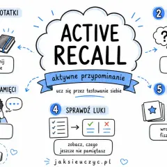 Aktywne przypominanie (Active Recall) to metoda nauki. Używaj fiszek, by zamieniać materiał na pytania i sprawdzać luki w wiedzy.