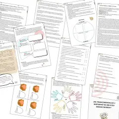 Na zdjęciu widać materiały edukacyjne dotyczące obgadywania. Są tam ćwiczenia, diagramy i pytania, które pomagają zrozumieć i przeciwdziałać negatywnym zachowaniom.
