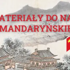 Materiały do nauki języka chińskiego. Tradycyjny chiński krajobraz z pagodami i flagą Chin.