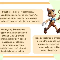 Pinokio, krnąbrny pajacyk z drewna, uczy się dojrzewać. Obok niego Dżepetto i Gadający Świerszcz.