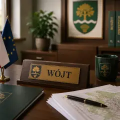 Biurko wójta z tabliczką "WÓJT", flagami Polski i UE, mapą i dokumentami. Zastanawiasz się, ile zarabia wójt?