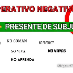 El imperativo negativo: no + presente de subjuntivo. Przykłady: no hables, no coman, no vivas, no aprendas, no vayamos.