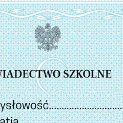 Świadectwo szkolne z orłem i czerwono-białym paskiem. Wpisano "pomysłowość" i "empatia", oceny 6.