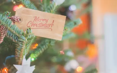 Zawieszka na choince z napisem "Merry Christmas!" w języku angielskim, otoczona igliwiem i migoczącymi światełkami.