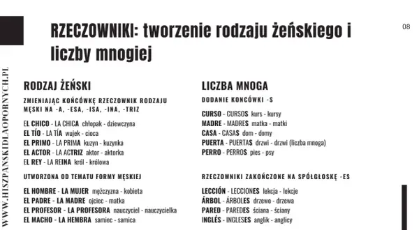 Hiszpański: tworzenie rodzaju żeńskiego i liczby mnogiej. Przykłady tworzenia form żeńskich i liczby mnogiej rzeczowników.