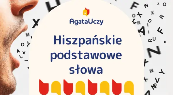 Nauka hiszpańskie podstawowe słowa z AgataUczy. Obok usta i litery w tle.