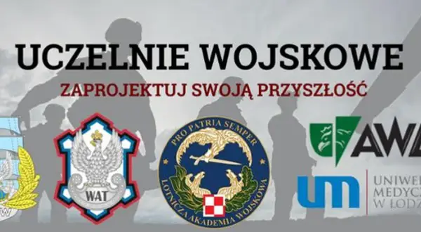 Grafika z sylwetkami żołnierzy i logotypami uczelni wojskowych: AMW, WAT, Lotnicza Akademia Wojskowa, AWL, UM w Łodzi.