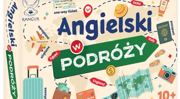 Gra "Angielski w podróży" z motywami lotniczymi, walizką, paszportem i mapą świata. Idealna do nauki języka podczas wakacji.