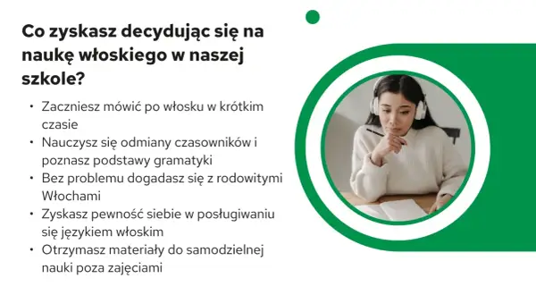 Dziewczyna w słuchawkach uczy się języka włoskiego. Zdobędziesz pewność siebie i dogadasz się z Włochami.
