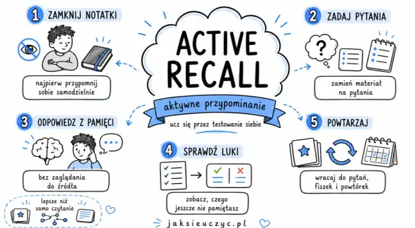 Aktywne przypominanie (Active Recall) to metoda nauki. Używaj fiszek, by zamieniać materiał na pytania i sprawdzać luki w wiedzy.