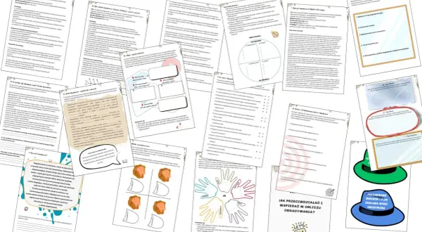 Na zdjęciu widać materiały edukacyjne dotyczące obgadywania. Są tam ćwiczenia, diagramy i pytania, które pomagają zrozumieć i przeciwdziałać negatywnym zachowaniom.