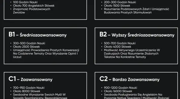 Poziomy biegłości językowej: od A1 (początkujący) do C2 (bardzo zaawansowany), z opisem godzin nauki, słownictwa i umiejętności, np. dla B2 (wyższy średniozaawansowany) - 500-700h, 4000 słów.
