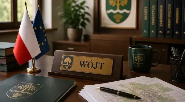 Biurko wójta z tabliczką "WÓJT", flagami Polski i UE, mapą i dokumentami. Zastanawiasz się, ile zarabia wójt?