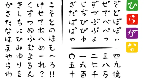 Japoński alfabet, cyfry i symbole. Kolorowe kwadraty z napisami "hi", "ra", "ga", "na".