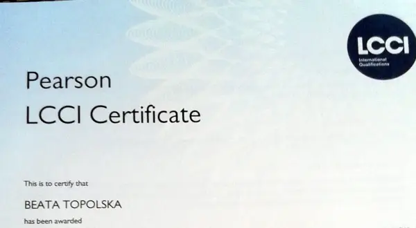 Certyfikat językowy Pearson LCCI dla Beaty Topolskiej.