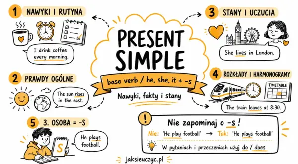 Grafika wyjaśnia Present Simple: nawyki, prawdy ogólne, stany, rozkłady. Pokazuje przykłady: "I drink coffee", "The sun rises", "She lives", "The train leaves", "He plays football".