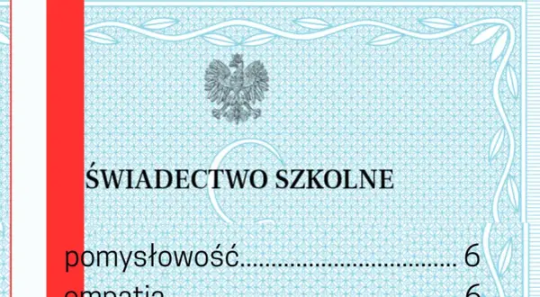 Świadectwo szkolne z orłem i czerwono-białym paskiem. Wpisano "pomysłowość" i "empatia", oceny 6.
