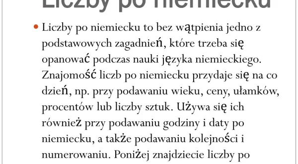 Nauka liczb po niemiecku to podstawa. Przydają się na co dzień: wiek, ceny, godziny, daty. Poniżej liczby od 1 do 100 i dalej.