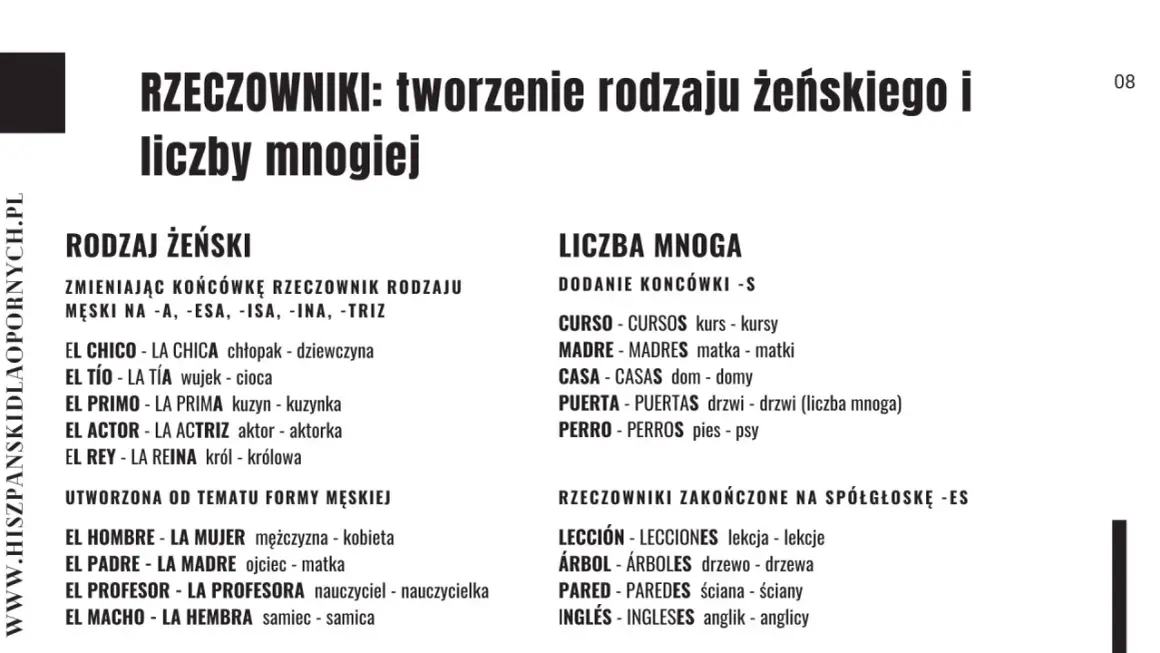 Hiszpański: tworzenie rodzaju żeńskiego i liczby mnogiej. Przykłady tworzenia form żeńskich i liczby mnogiej rzeczowników.