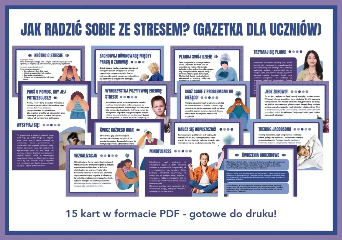 Jak radzić sobie ze stresem? Porady dla uczniów: planuj, wysypiaj się, ćwicz, jedz zdrowo, wizualizuj, jak się uspokoić.