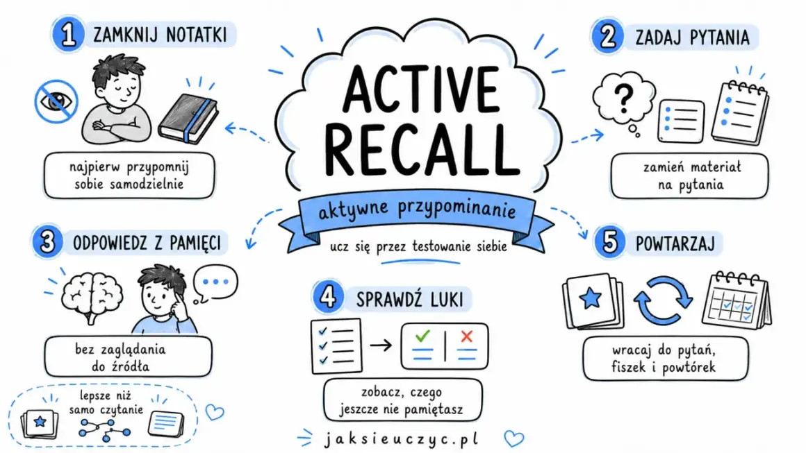 Aktywne przypominanie (Active Recall) to metoda nauki. Używaj fiszek, by zamieniać materiał na pytania i sprawdzać luki w wiedzy.