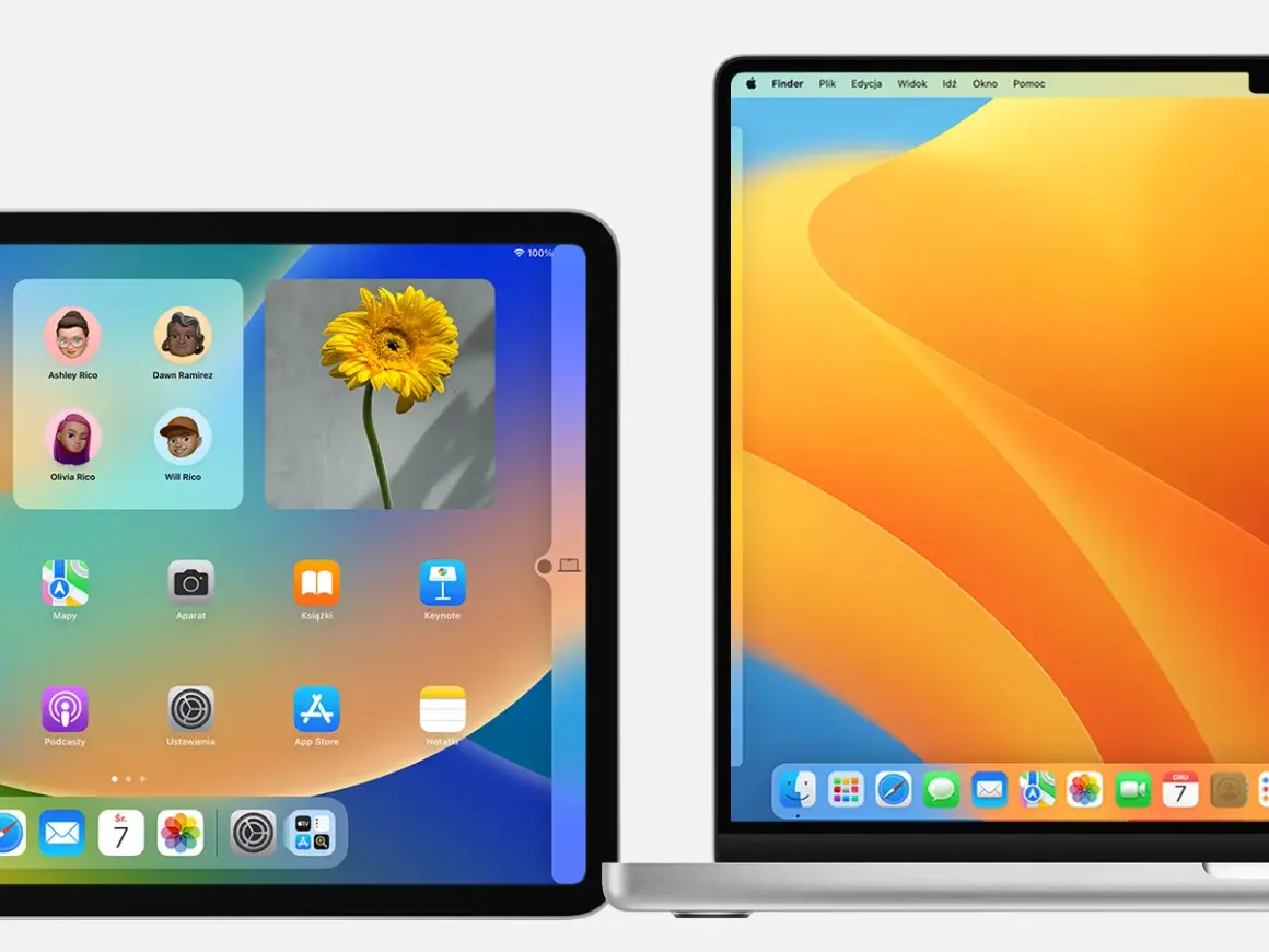 Nowe urządzenia Apple z promocją apple zniżka studencka. Widok ekranu iPada z aplikacjami oraz MacBooka z dynamiczną tapetą.