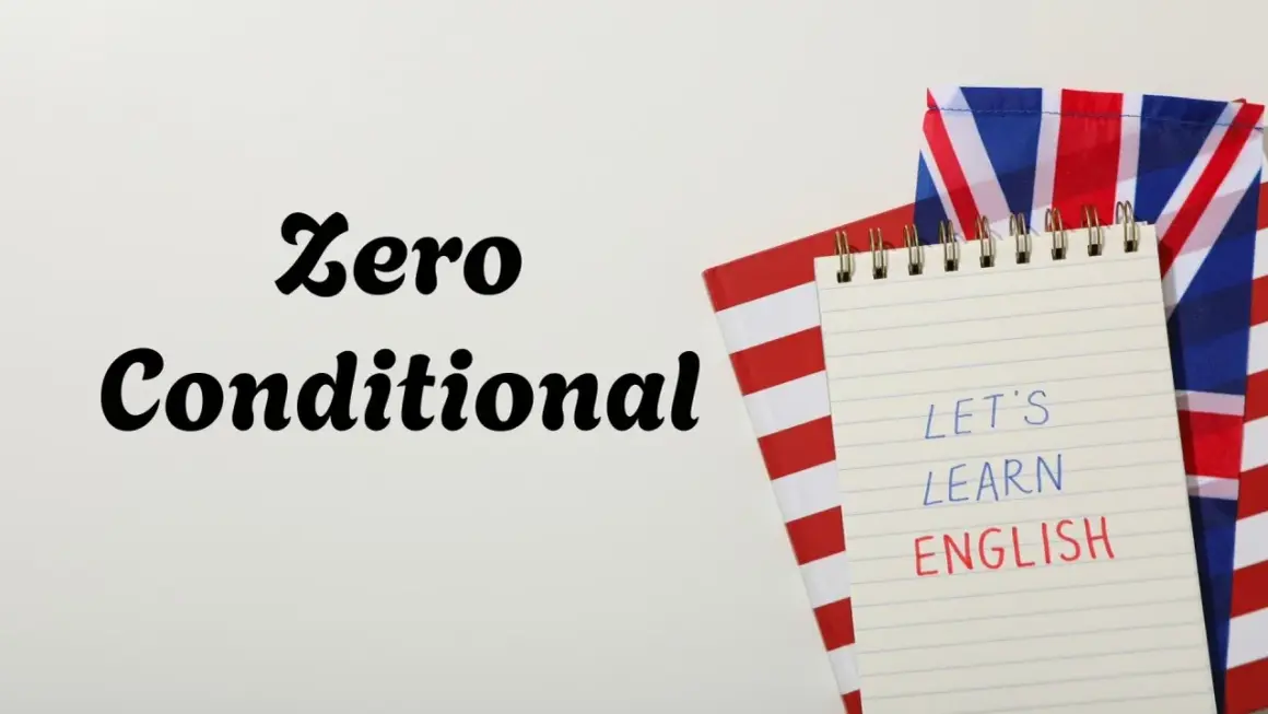 Zeszyt z napisem "Let's learn English" i flagą Wielkiej Brytanii. Temat: Zero Conditional.