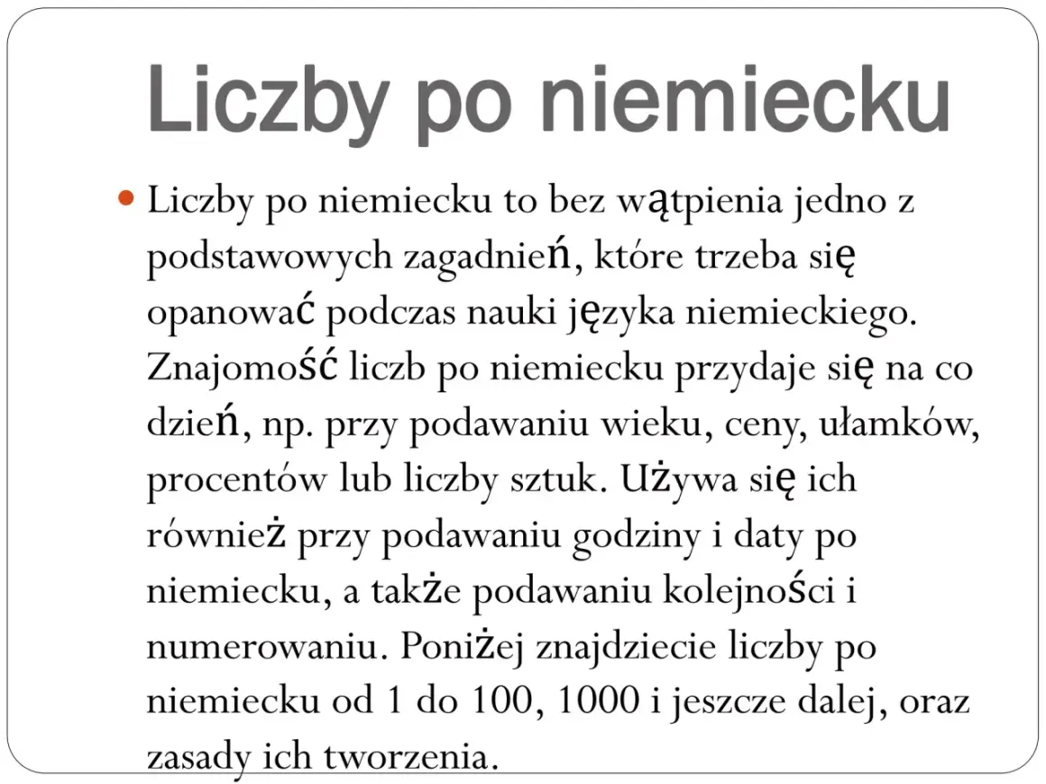 Nauka liczb po niemiecku to podstawa. Przydają się na co dzień: wiek, ceny, godziny, daty. Poniżej liczby od 1 do 100 i dalej.