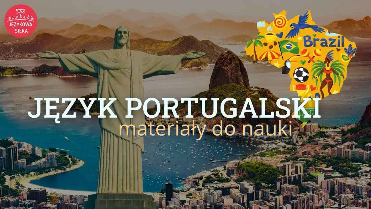 Język portugalski: materiały do nauki. W tle Rio de Janeiro z Chrystusem Odkupicielem i mapą Brazylii.