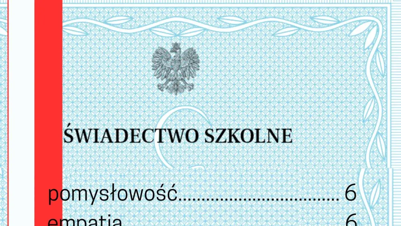 Świadectwo szkolne z paskiem, z godłem Polski. Ocena z pomysłowości to 6.
